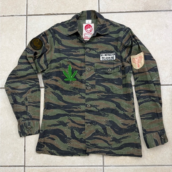 A Love Movement Camo Button Up Shirt W/ Patches Size M